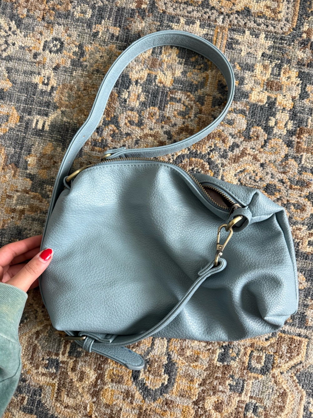 Joy Susan Pebbled Leather Shoulder Bag in Dusty Blue
